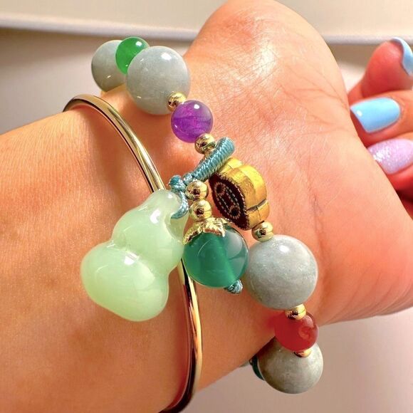 Handmade Chinese Wu Lou/Hu Lou Bracelet & Gold Silver Link Thin Cuff Bangle - Picture 6 of 10